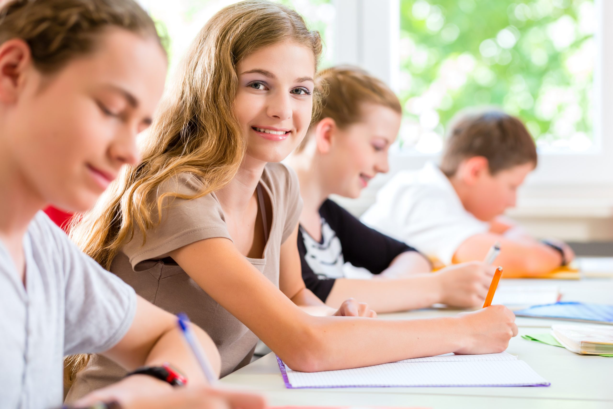 Students or pupils of school class writing an exam test in classroom concentrating on their work